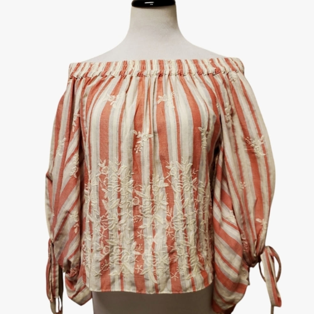 MISA LOS‎ ANGELES Adeli Red/Cream Stripe Boho Embroidered Balloon Sleeve Blouse